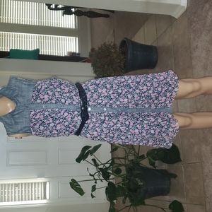 Country chic m floral & denim mixed media button down shirt dress